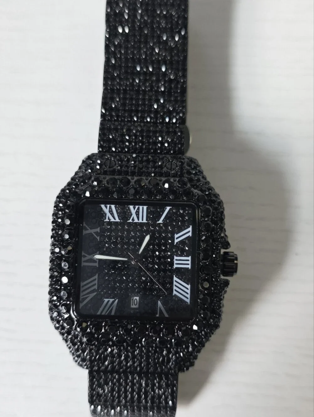 344.  Black Crystal-Embellished Square Face Watch